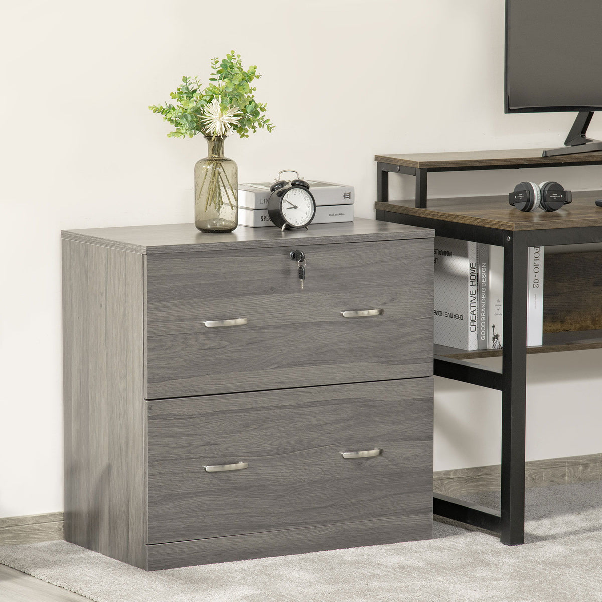 2 Drawer File Cabinet with Lock, Office Filing Cabinet, Hanging Bar for Letter Size, Home Office, Grey