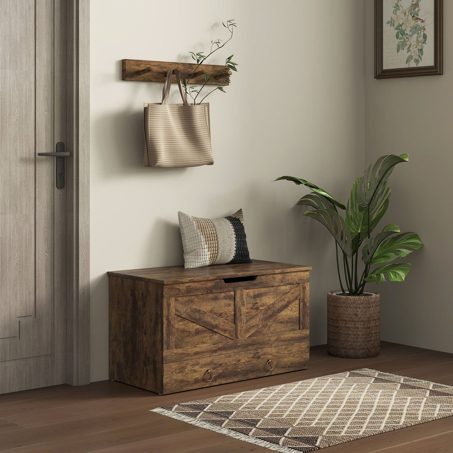 31.5 Inches Storage Chest, Storage Trunk with 2 Safety Hinges for Living Room, Rustic Brown