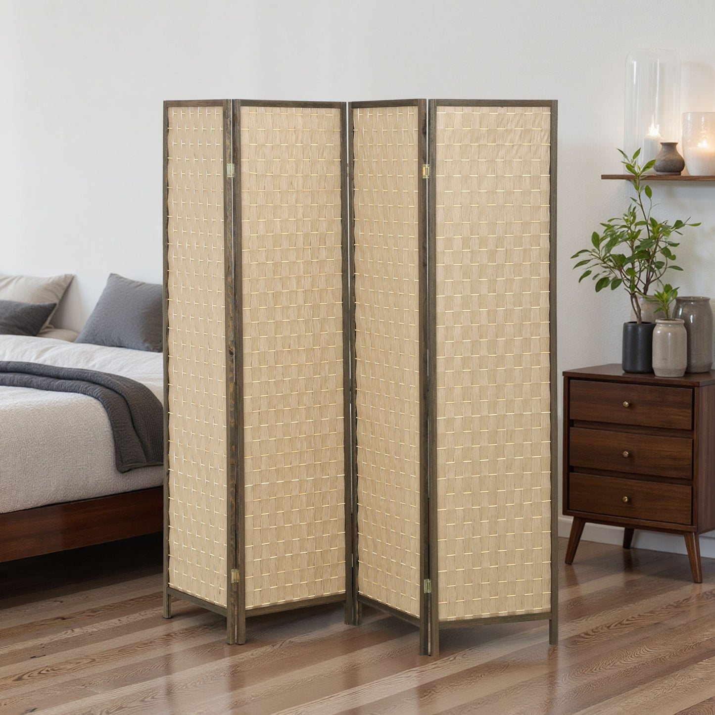 6 FT Room Divider, 4 Panel Folding Privacy Screen, Lightweight Handwoven Freestanding Partition for Home Office, Brown