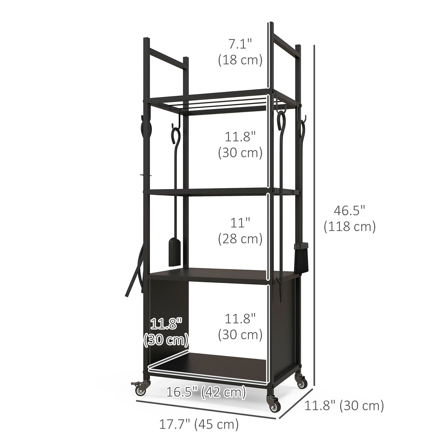 4-Tier Outdoor Indoor Firewood Rack with Wheels and 4 Tools, Powder-Coated Steel Wood Storage Rack Log Holder
