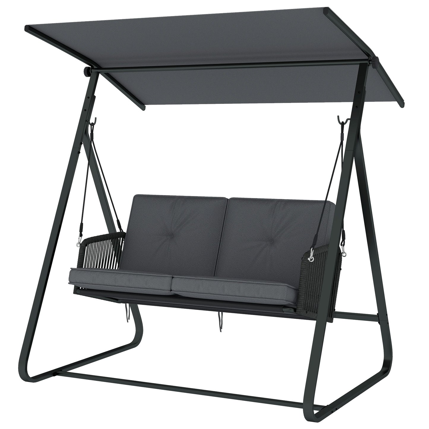 2-Person Outdoor Patio Porch Swing with Adjustable Canopy, Rattan Hanging Swing Bench with Soft Cushions