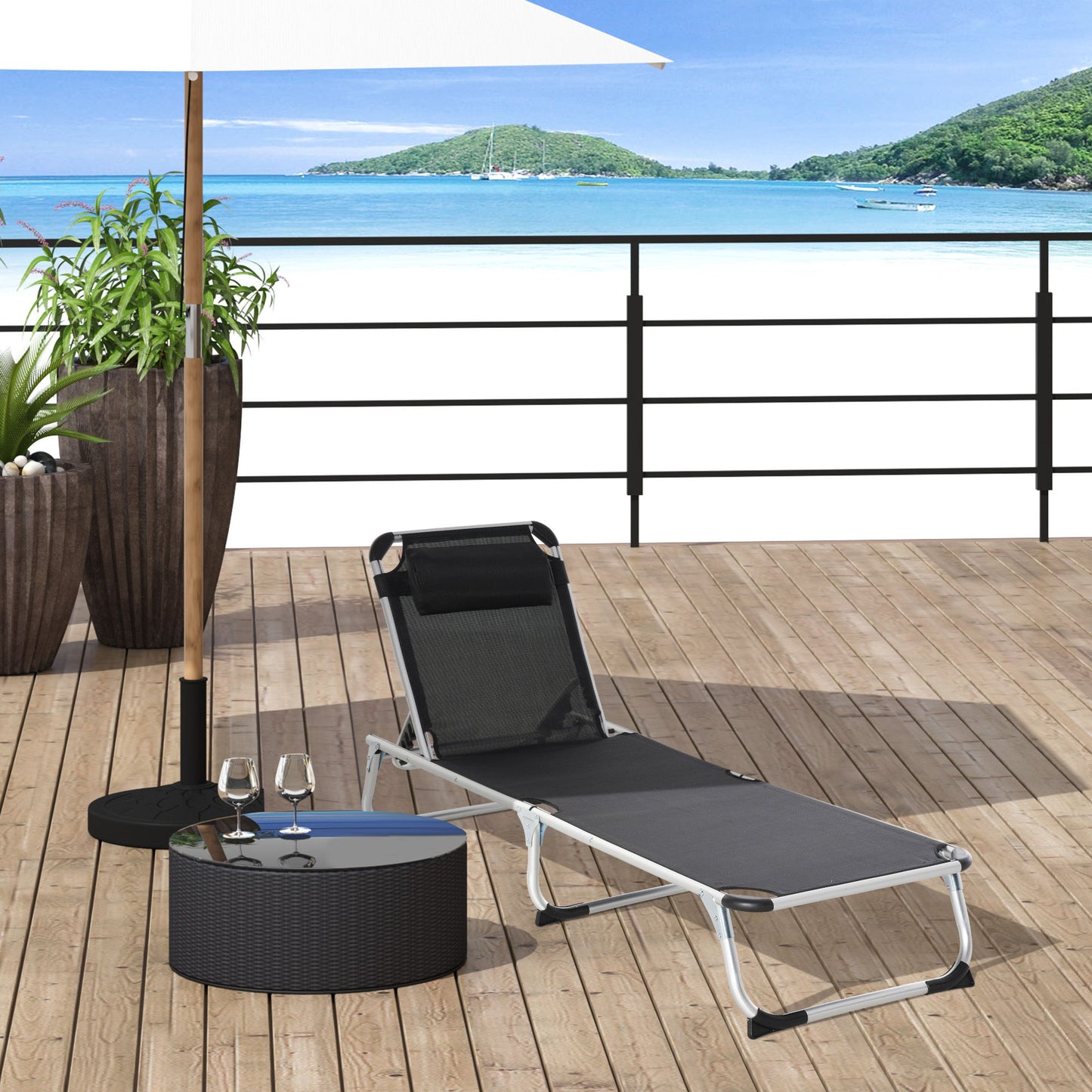 Folding Lounge Chair, Patio Lounger with Headrest, 5-Level Adjustable Backrest, and Aluminum Frame, Black