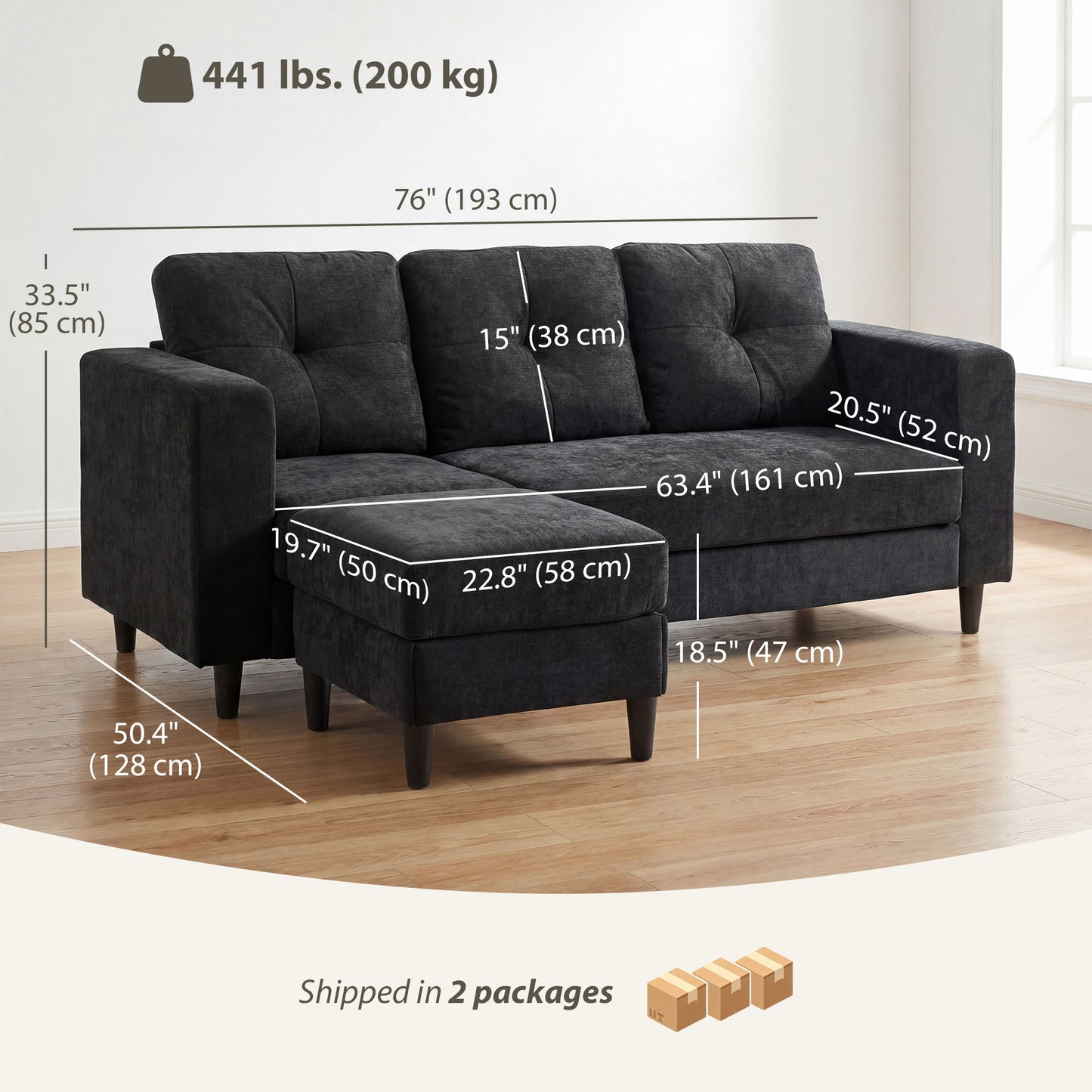 Sectional Sofa, L Shaped Couch with Changeable Chaise, Wooden Legs, Black