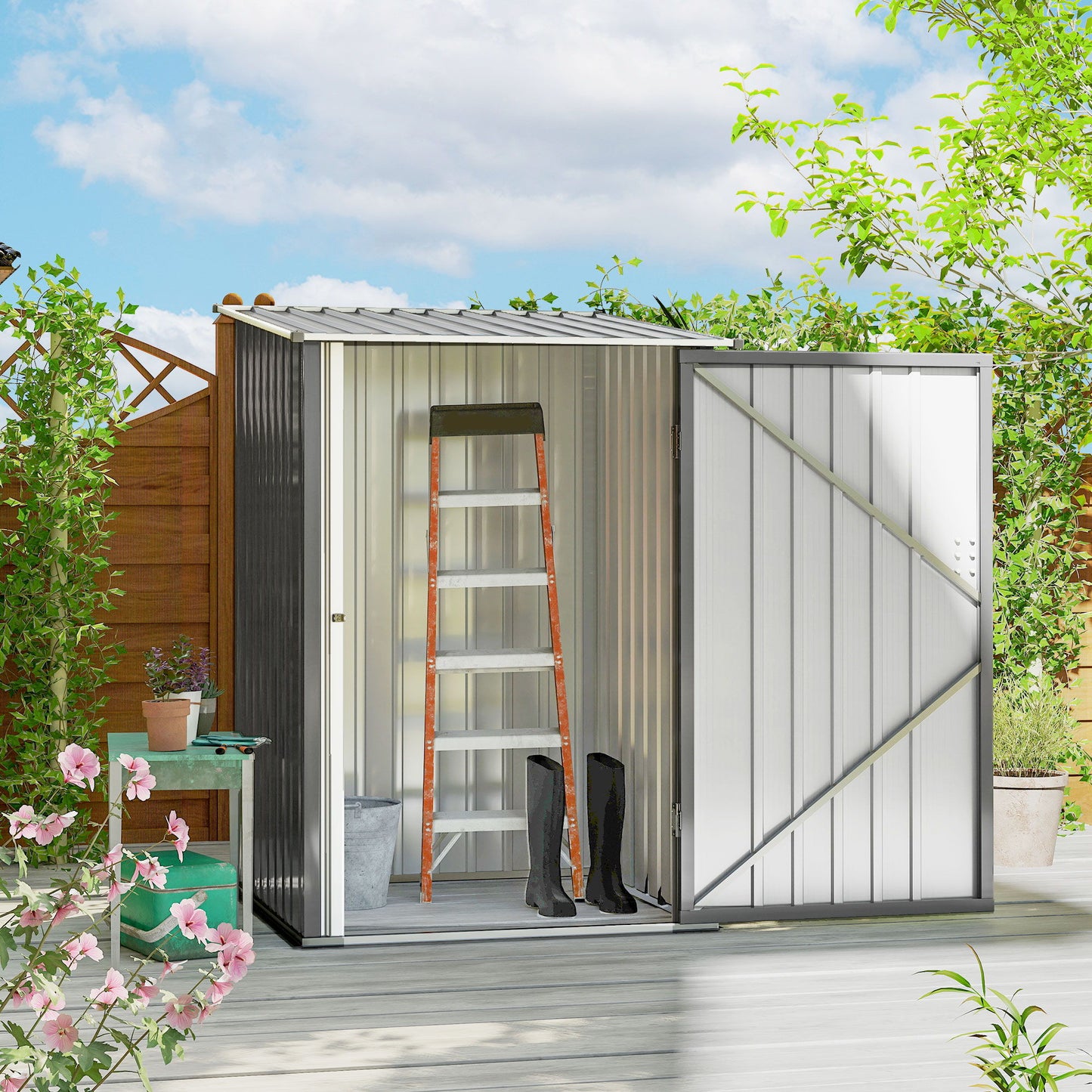 3.3' x 3.4' Lean-to Garden Storage Shed, Outdoor Galvanized Steel Tool House with Lockable Door for Patio Grey