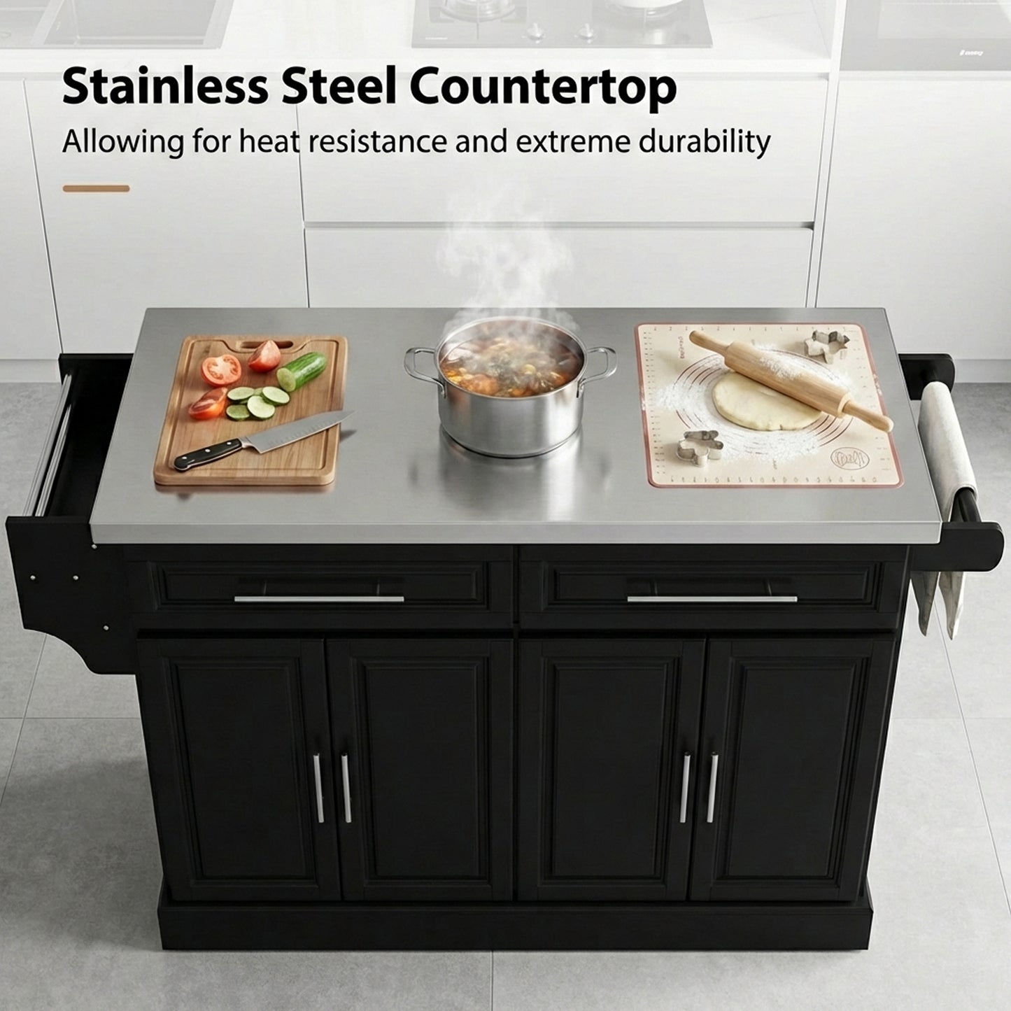 Rolling Kitchen Island with Storage and Stainless Steel Top, Kitchen Trolley with Drawers, Cabinets, Towel Rack