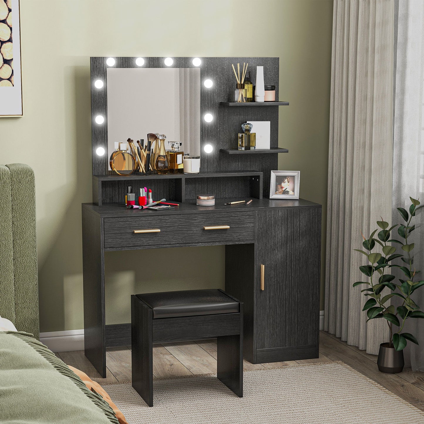Illuminated Dressing Table Set, LED Vanity Table Set with Stool, LED Mirror, Drawer and Cabinet Shelves for Bedroom
