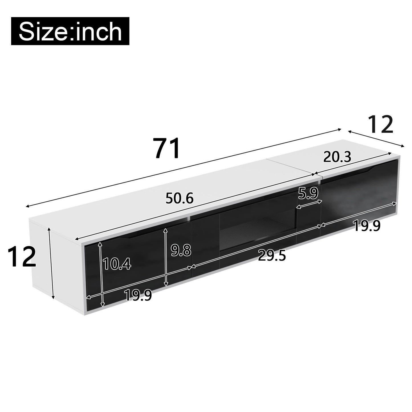 High-Gloss TV Stand with Colour-Changing LED Lighting and Versatile Mounting Options, Easy to Install, 71" L x 12" W x 12" H, Black+White