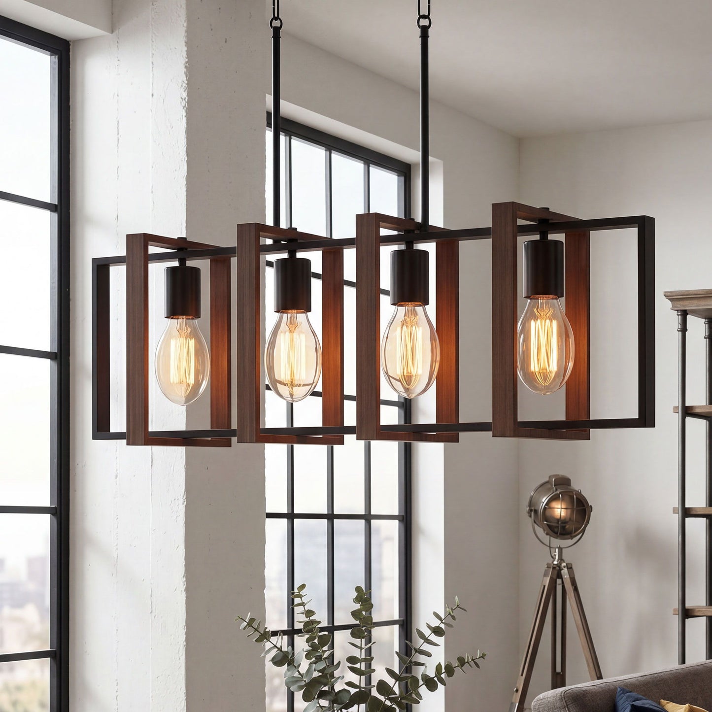 Farmhouse Kitchen Island Lighting, Linear Pendant Light with 4 Rotatable Frames and Adjustable Height, Walnut