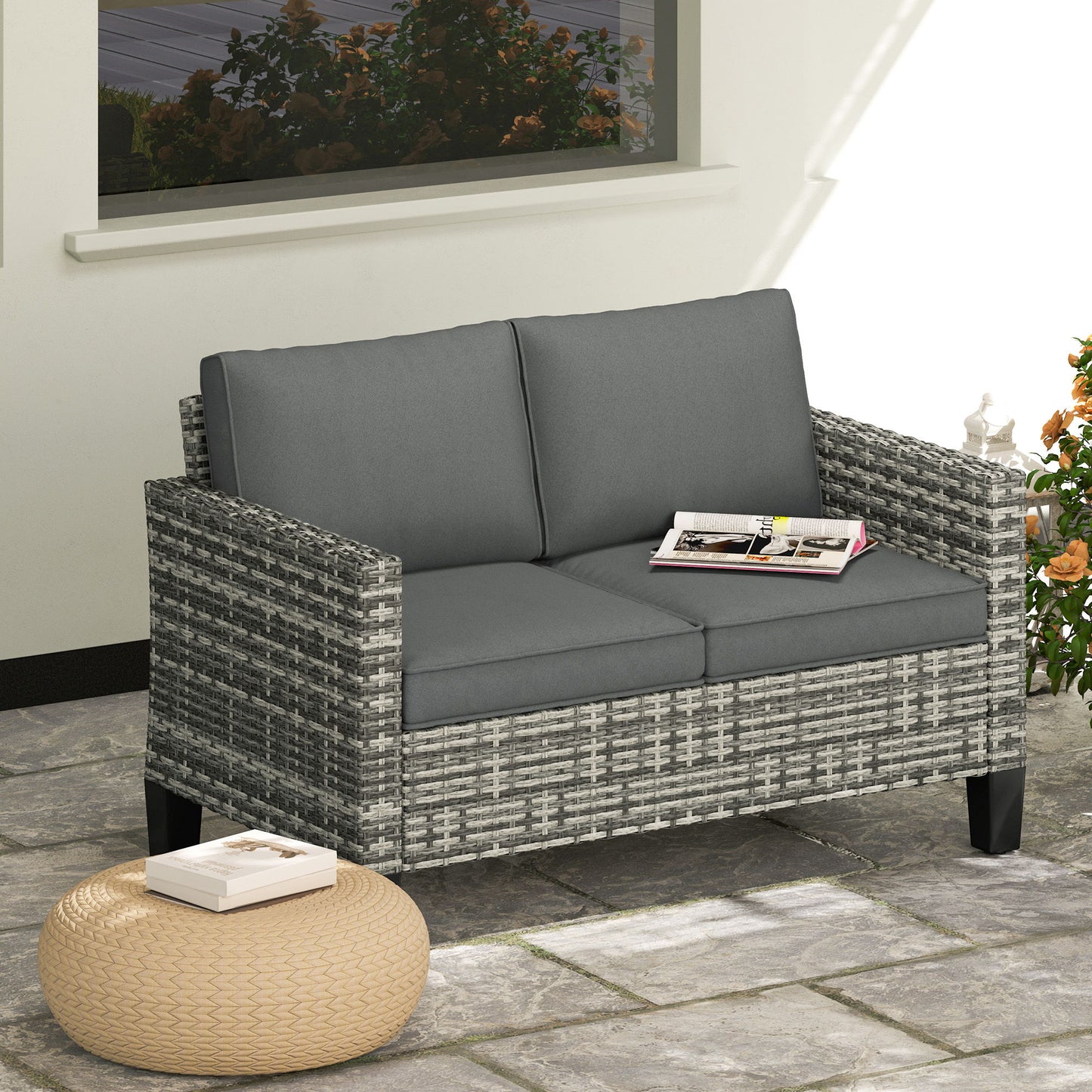 2 Seater Rattan Outdoor Sofa, Patio Couch Loveseat with Cushions and Armrests for Garden, Balcony, Dark Grey