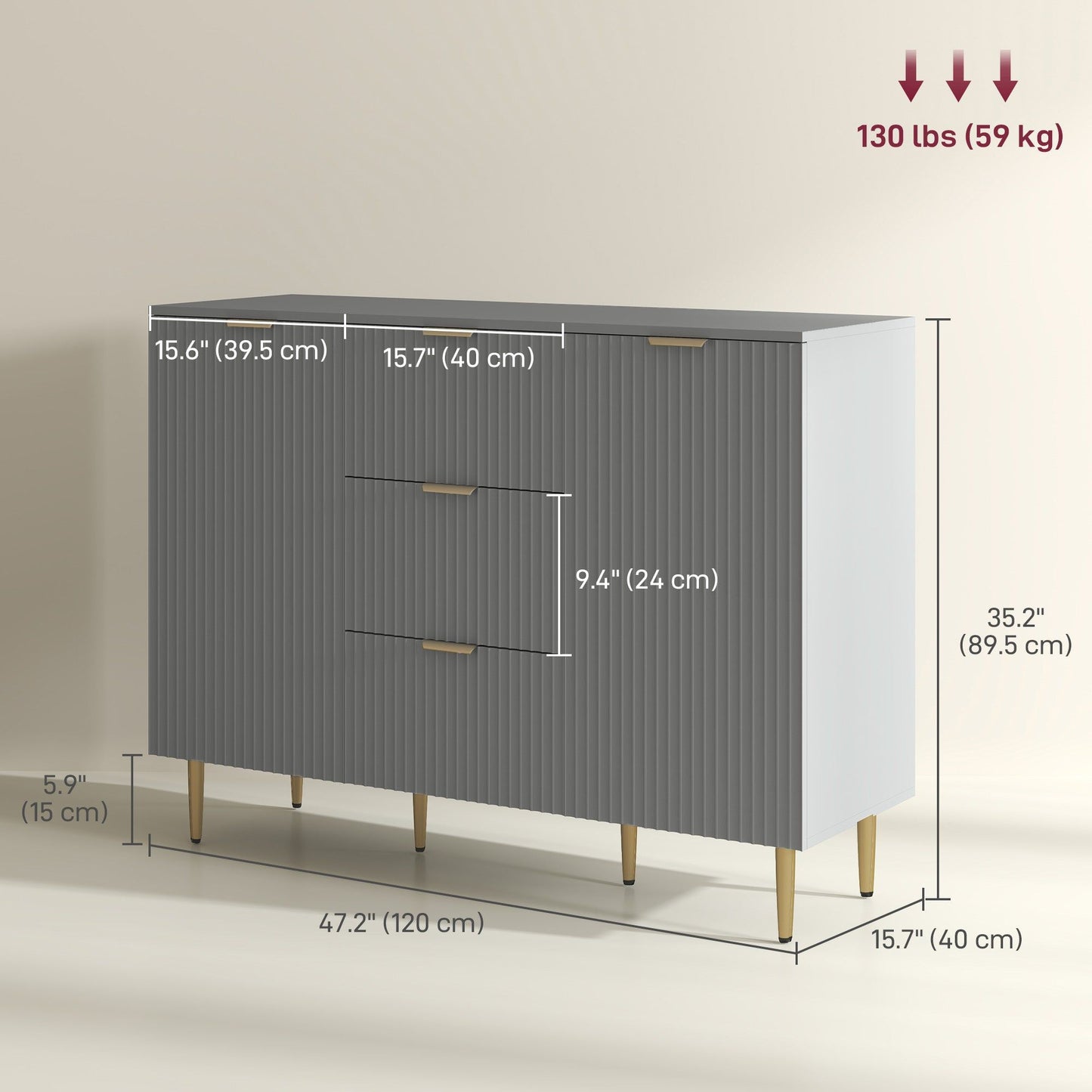 Sideboard Buffet Cabinet with 3 Drawers - Grey