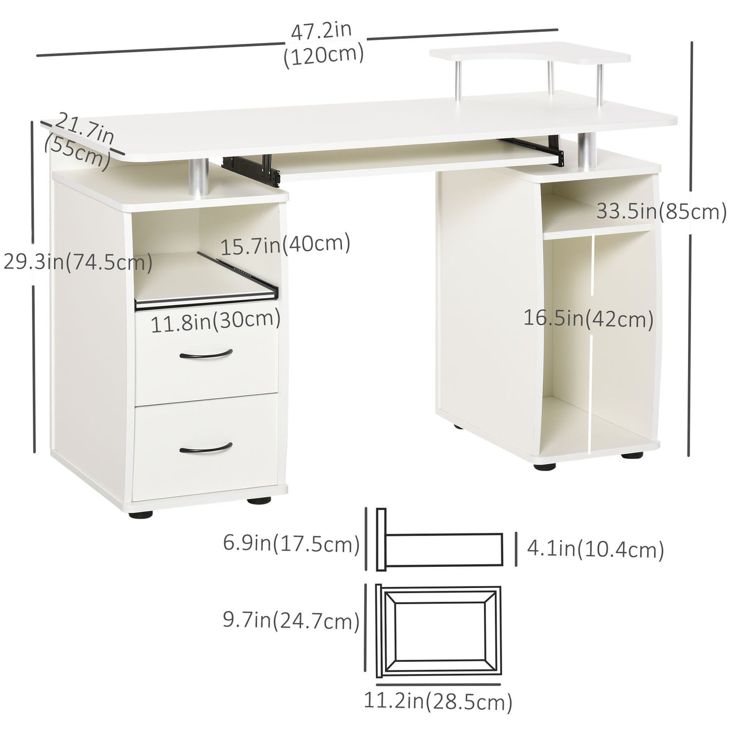 Computer Desk with Keyboard Tray and Drawers - White