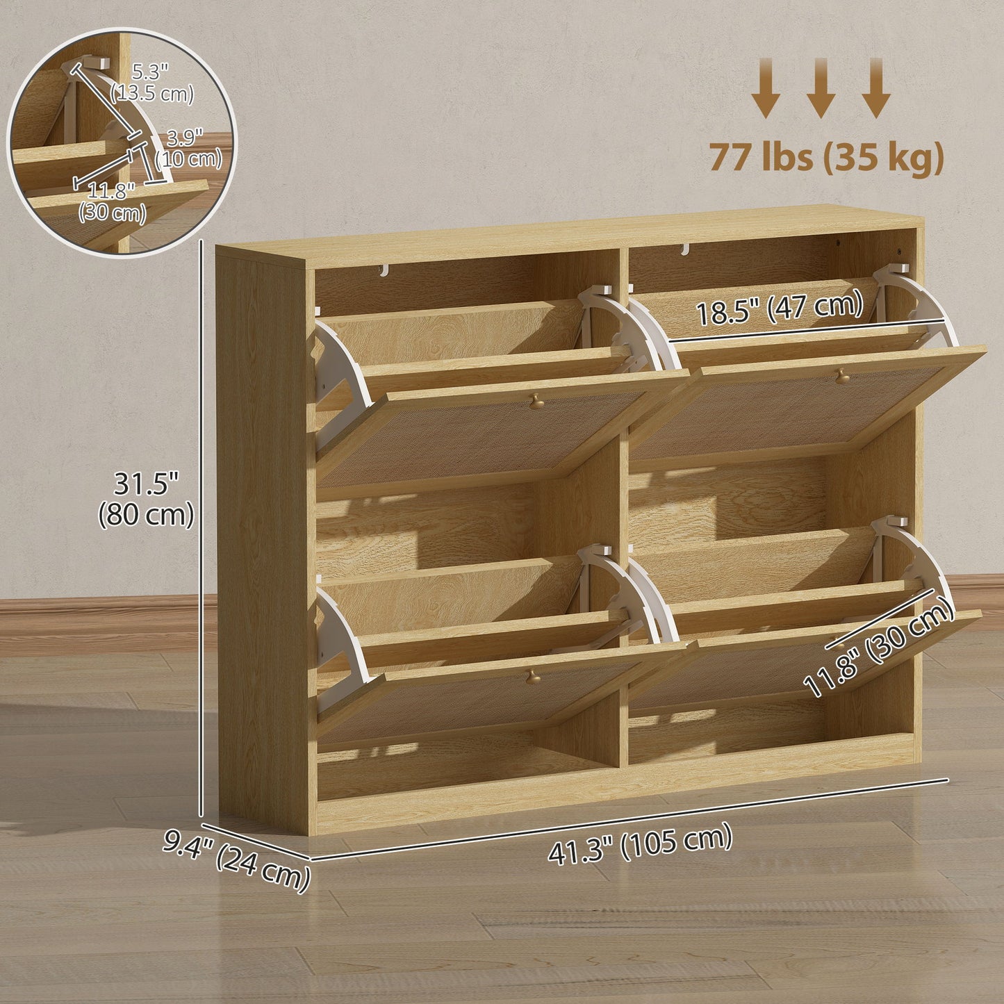 Narrow Shoe Storage Cabinet, Rattan Shoe Cabinet with 4 Flip Drawers and Adjustable Shelves for 20 Pairs, Oak