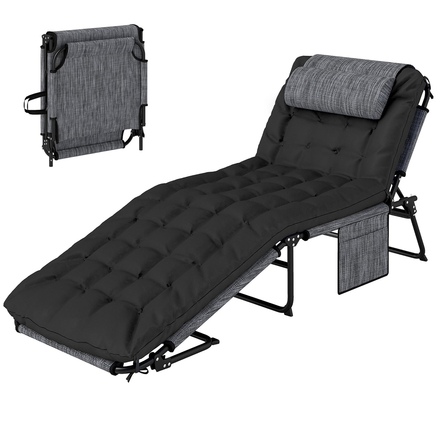 Folding Lounge Chair with 4-level Reclining Back & Cushion, Black