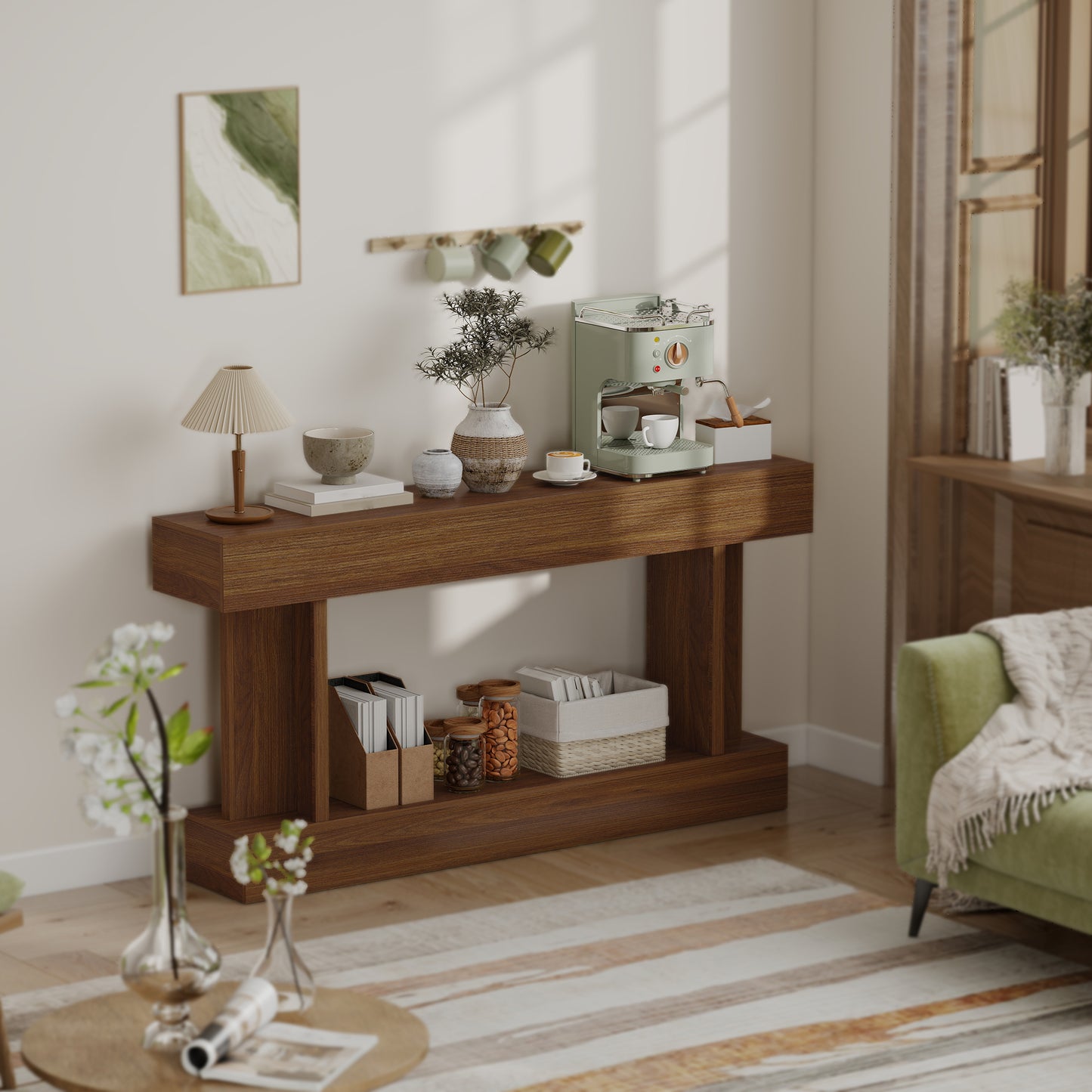 63 Inch Long Console Table, Vintage Narrow Entryway Table with Storage Shelf for Living Room and Hallway, Dark Brown