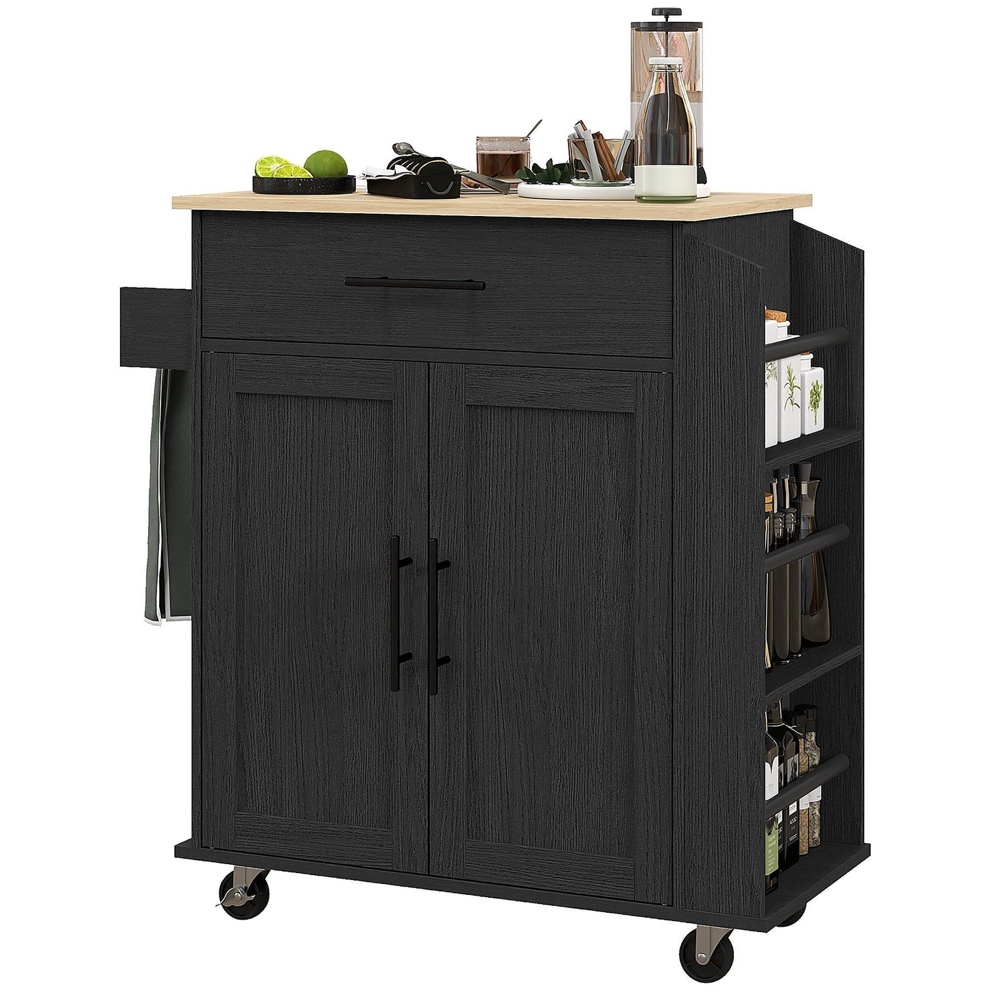 Rolling Kitchen Island with Power Outlets and Drawer - Black