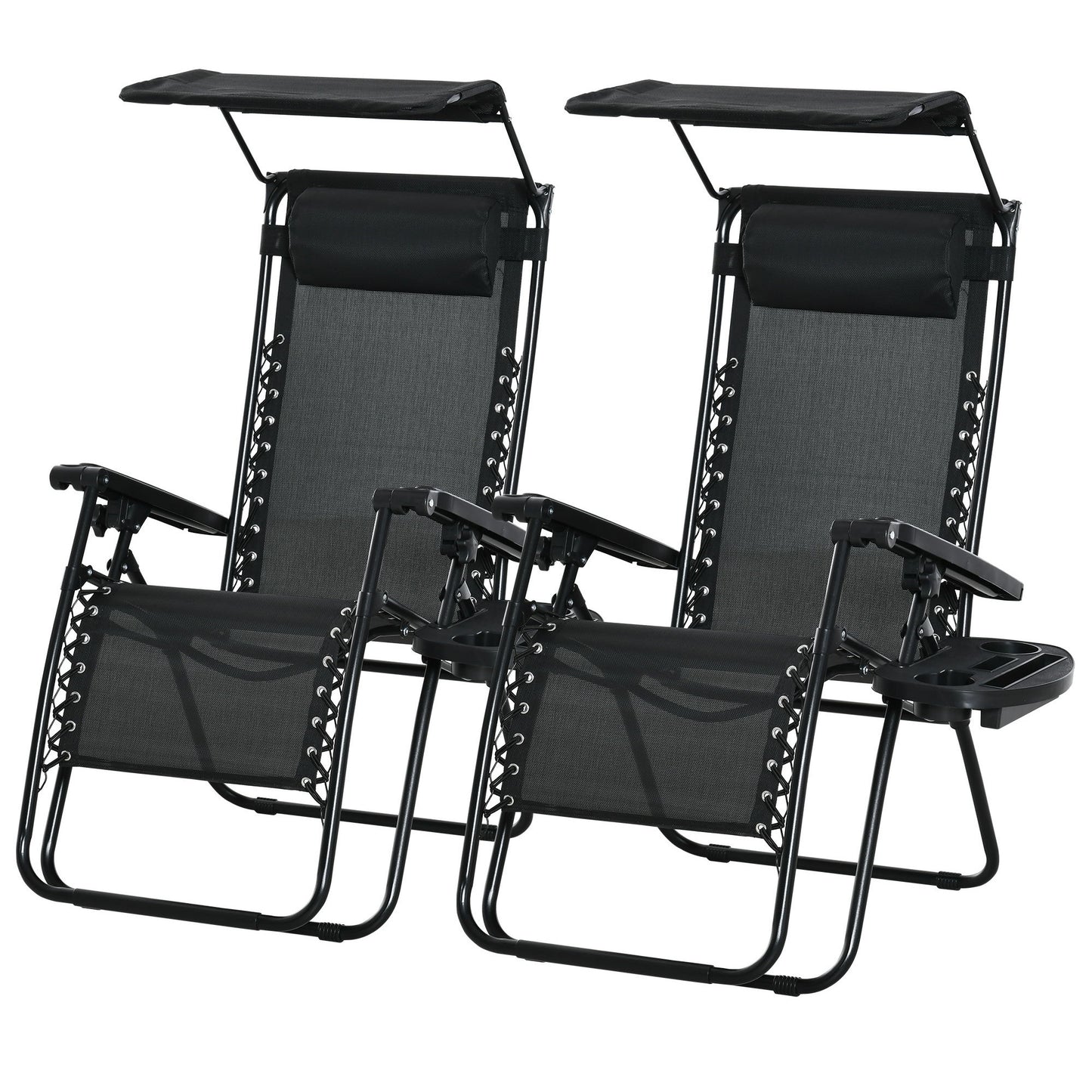 2 Piece Foldable Lounge Chair with Canopy Shade, Outdoor Zero Gravity Chair w/ Side Tray & Cup Holder, Reclining Lounger w/ Breathable Mesh Fabric Seat, Pillow, Black