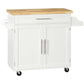 Rolling Kitchen Island with Wood Top and Spice Rack - White
