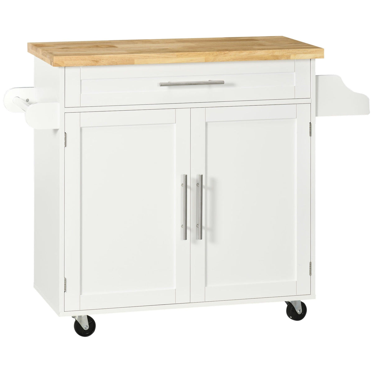 Rolling Kitchen Island with Wood Top and Spice Rack - White