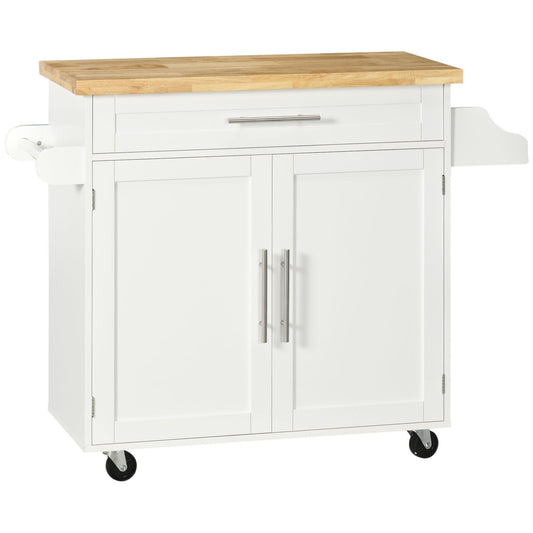Rolling Kitchen Island with Wood Top and Spice Rack - White