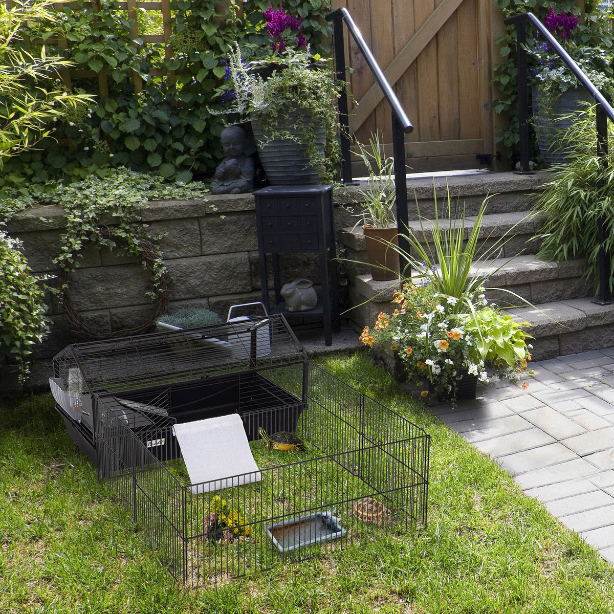 Guinea Pig Cage with Foldable Detachable Playpen, Rolling Rabbit Chinchilla Hedgehog Bunny Cage Small Animal Habitat with Water Bottle, Hay Feeder, 34.5" x 50.5" x 22"