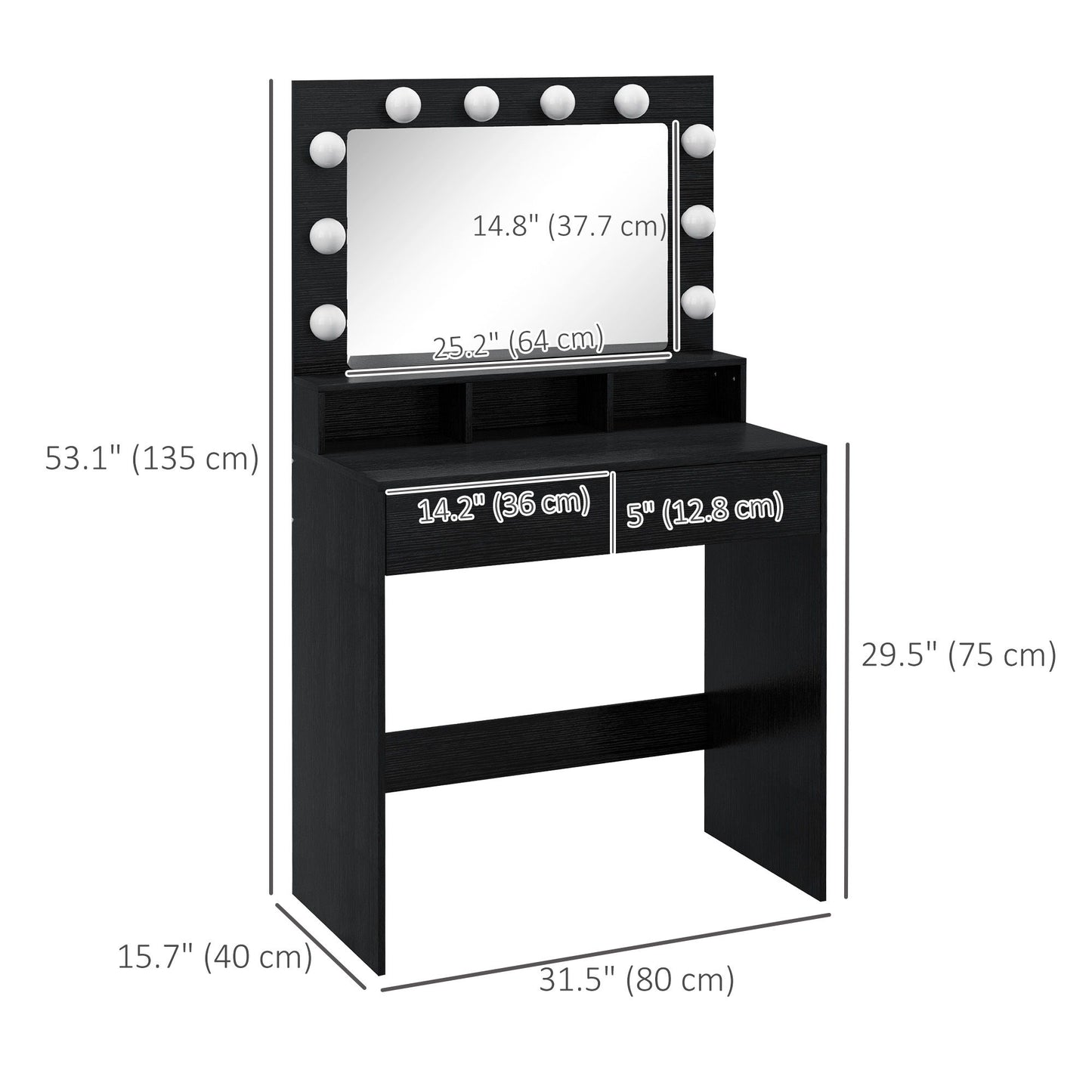 Vanity Table, Makeup Dressing Table with LED Lighting Mirror, Drawers, for Bedroom, Black