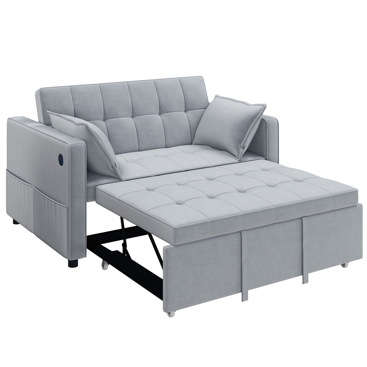 3‑in‑1 Convertible Sofa Bed, Pull Out Sleeper Sofa with USB Charging, Adjustable Backrest, Side Pockets, Light Grey