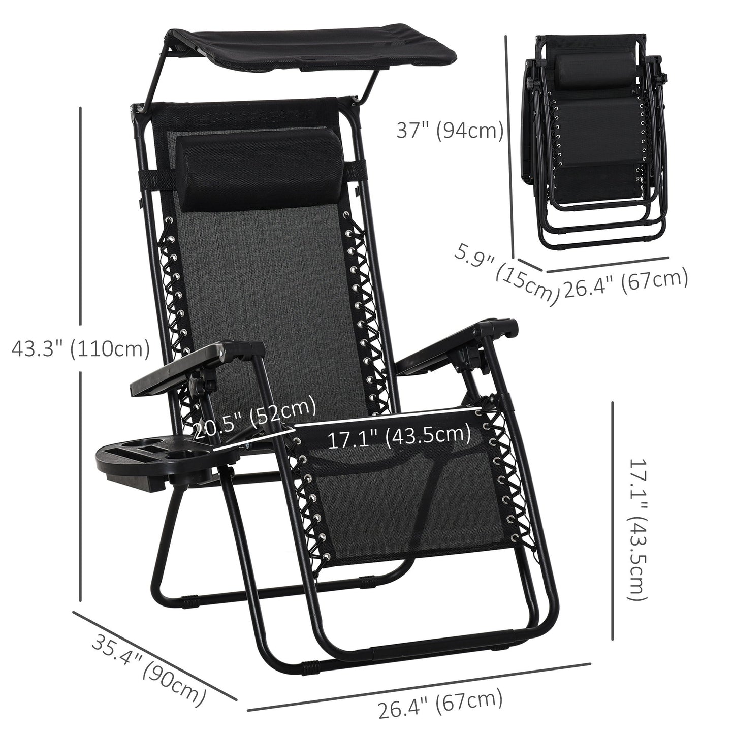 Outdoor Zero Gravity Reclining Lounger Chair with Canopy Shade, Side Tray, Cupholder, Black