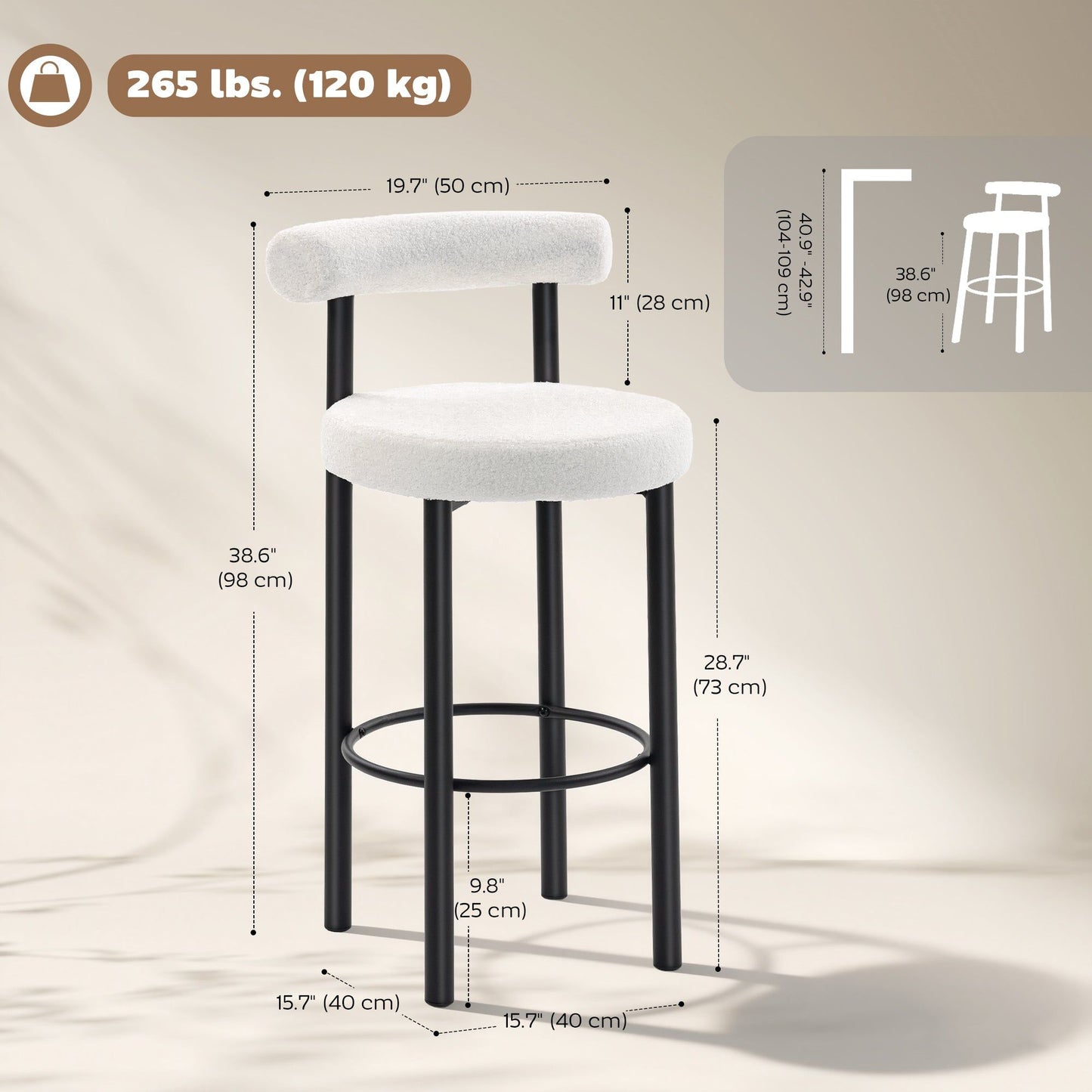 Sherpa Bar Stools Set of 2 with Backrest - Cream White