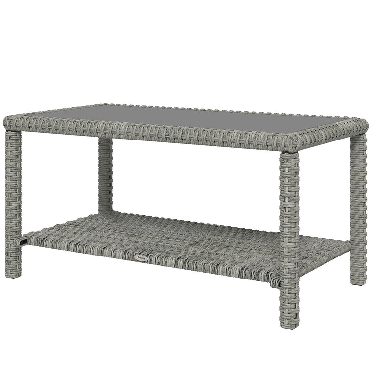 35" Wicker Coffee Table with Glass Top and Storage Shelf