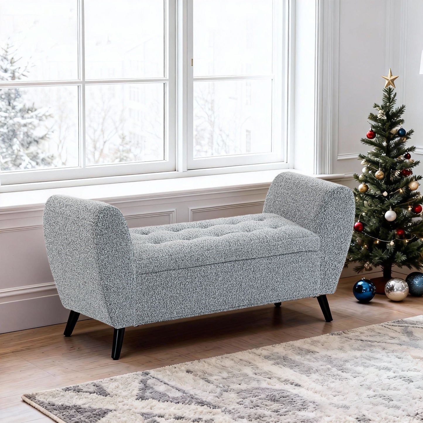 Upholstered Storage Bench with Arms, Modern Ottoman Bench for Bedroom, Entryway, and Living Room, Grey