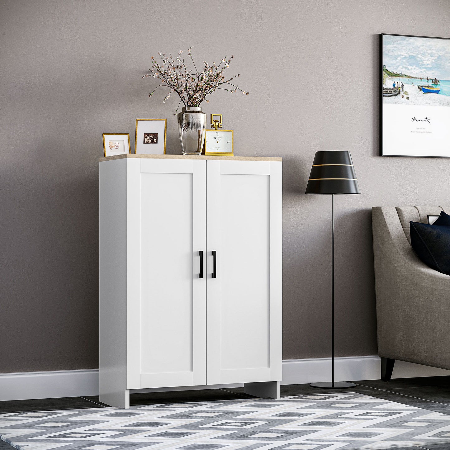 Modern Storage Cabinet with Doors and Adjustable Shelf for Kitchen, Living room, 23.6" x 11.8" x 35.4", White