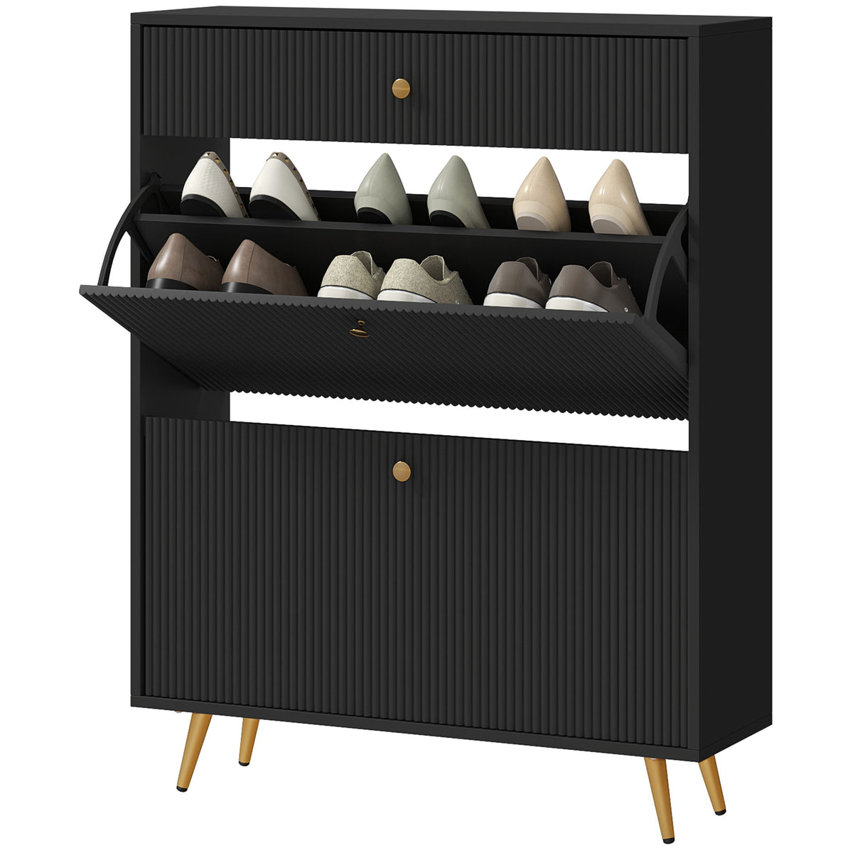 Narrow Shoe Storage Cabinet with Wave-like Panels and Adjustable Shelves for 12 Pairs of Shoes, Black