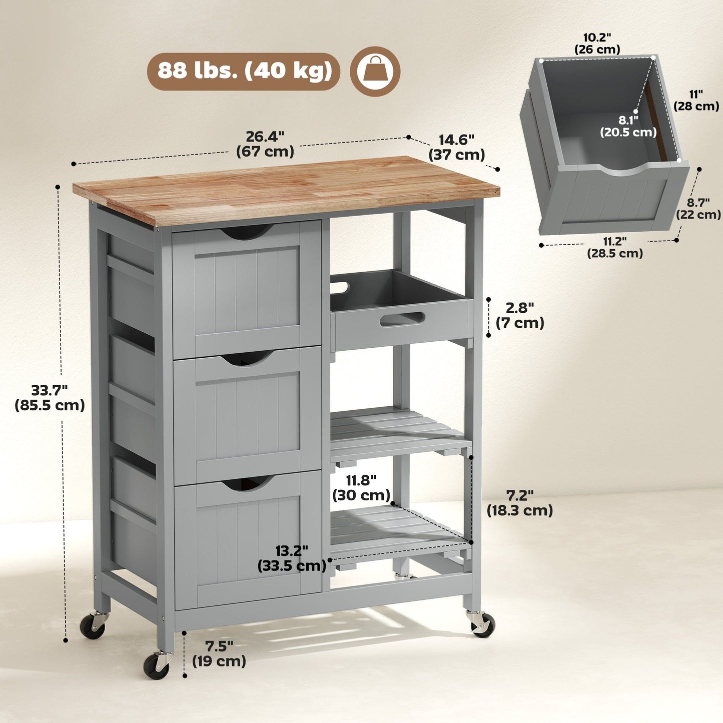 Rolling Kitchen Island Cart with 3 Drawers - Grey