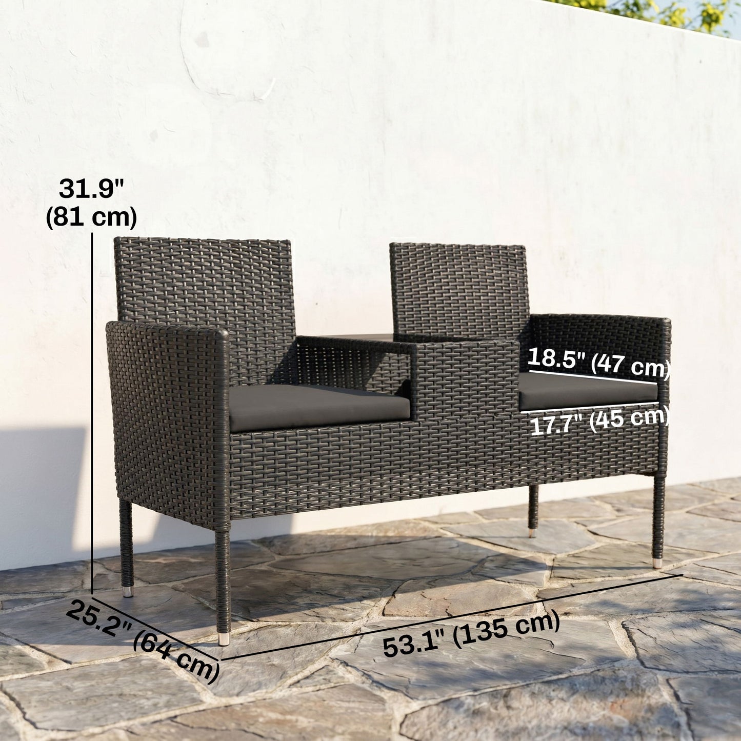 Patio Furniture w/ Mid-Table PE Rattan Loveseat w/ Cushion, Black