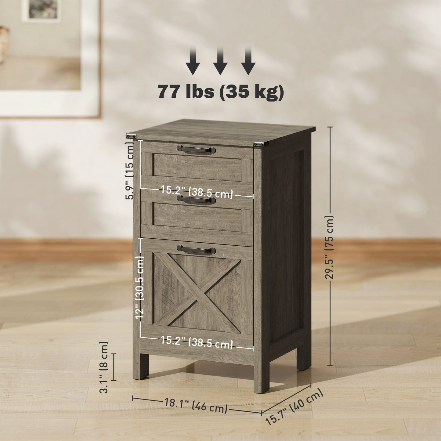 Vertical Filing Cabinet with 3 Drawers, Rustic Farmhouse Office Storage Cabinet for A4, Letter Size, Grey Wash