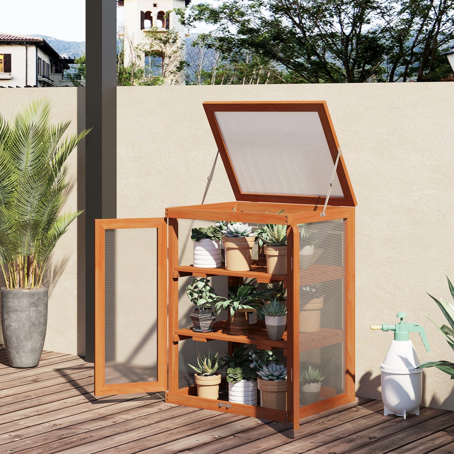 Wooden 2 Tier Cold Frame Greenhouse Polycarbonate Plant Grow House Portable Garden, 22.8" x 17.3" x 30.7", Orange
