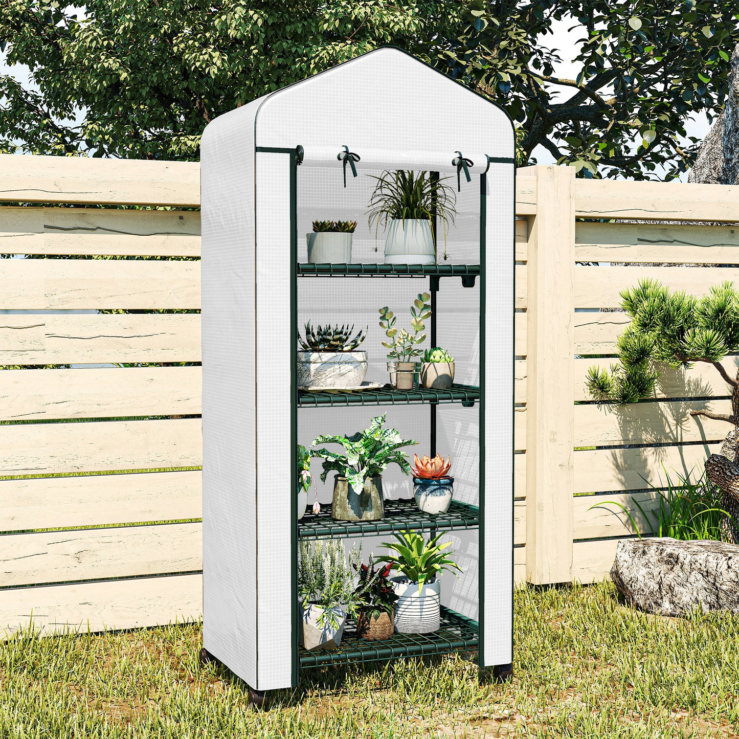 Portable Greenhouse, Outdoor Hot House Plant Flower Greenhouse with 4 Tier Shelves, PE Cover, White