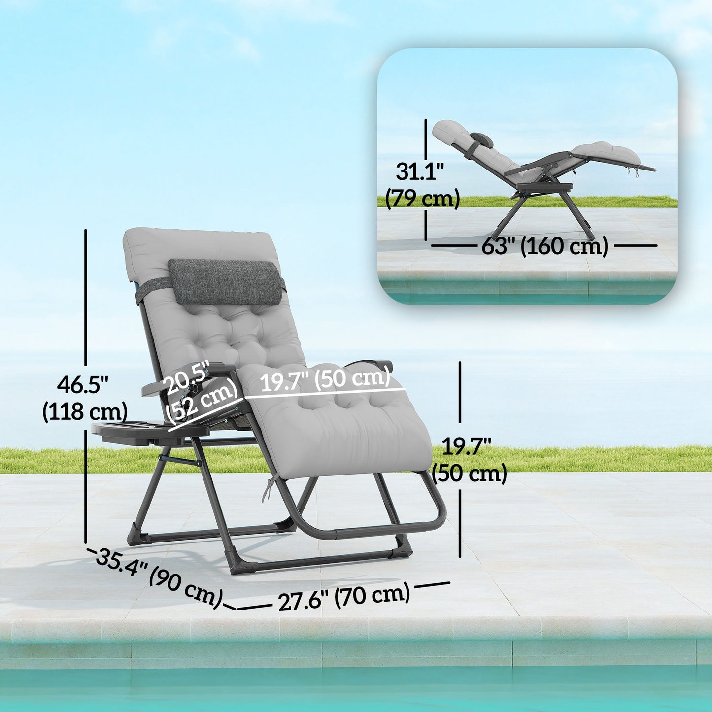 Padded Folding Recliner Chair, Patio Lounger with Cupholder, Adjustable Backrest, Removable Cushion, Grey
