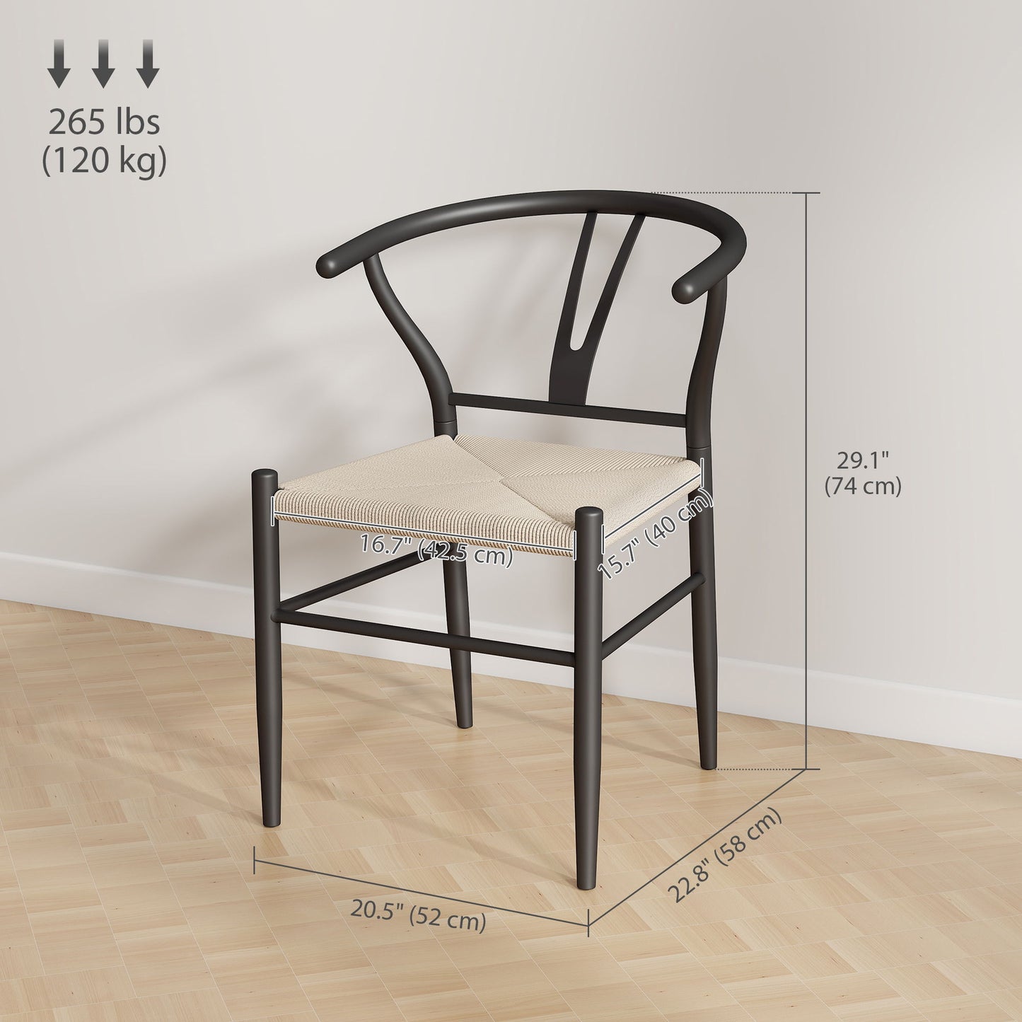 Set of 2 Weave Dining Chairs, Mid-Century Modern Dining Room Chairs with Y-Shaped Backrest and Hemp Seat, Black
