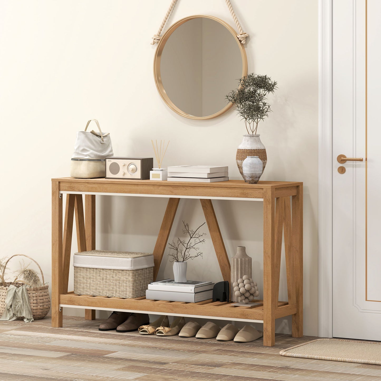 52" Console Table, Farmhouse Narrow Entryway Table with Storage Shelf, Rustic Sofa Table with Anti-tipper for Living Room and Hallway, Brown