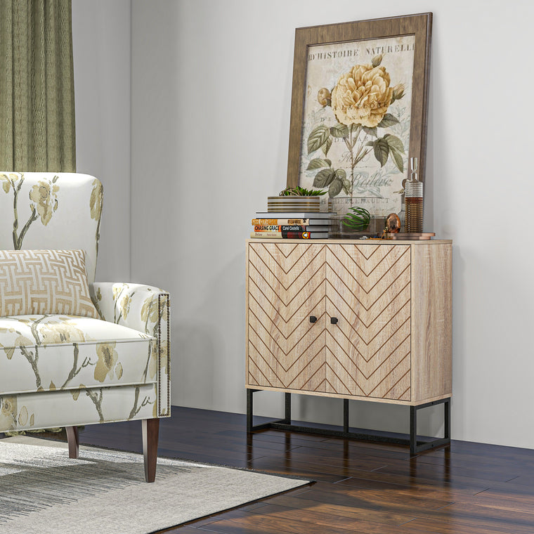 Sideboard Buffet with Chevron Doors and Steel Base - Oak