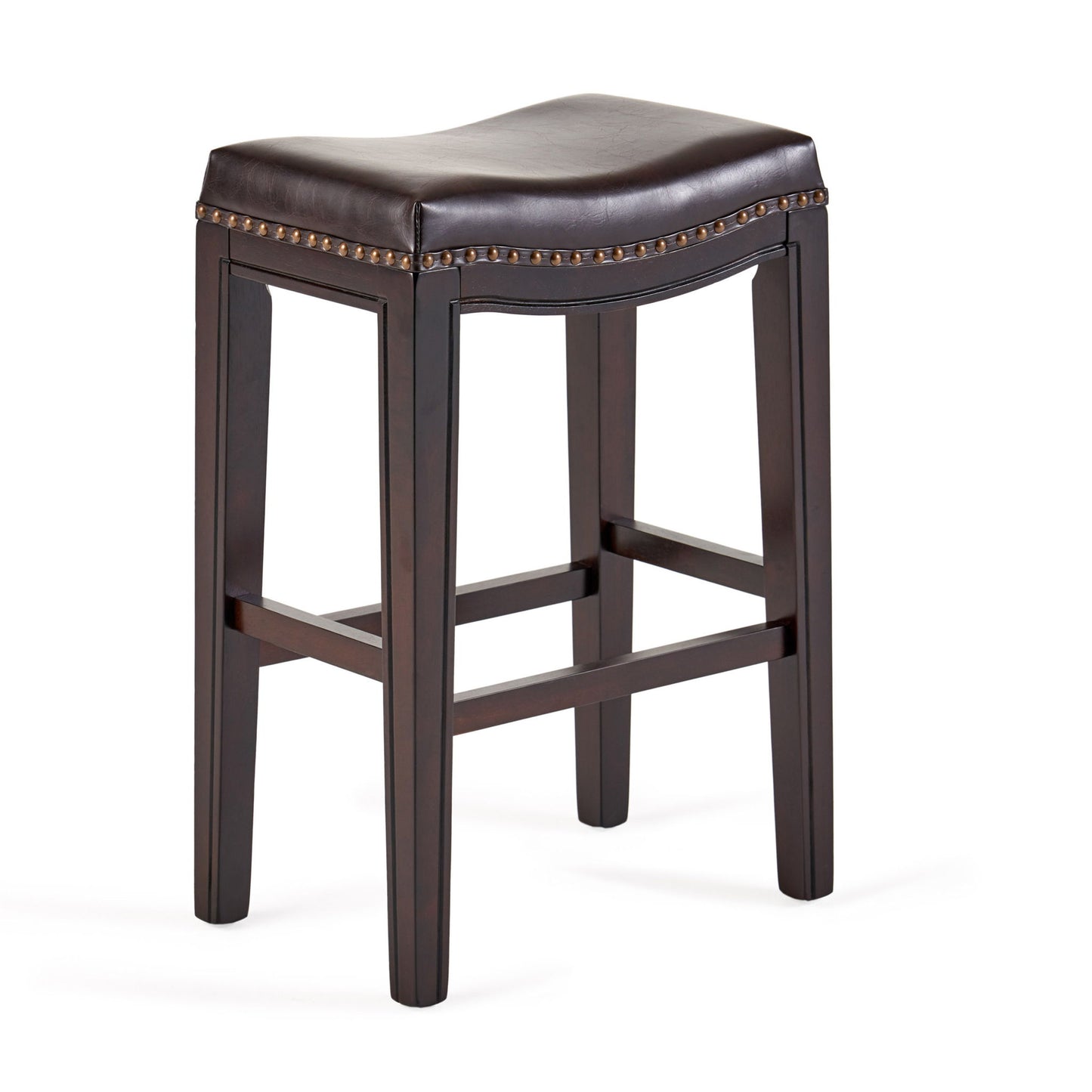Set of 2 Contemporary Studded Counter Stools with Nailhead Accents Rubberwood Saddle Seat, 18.5" L x 12" W x 26" H, Brown
