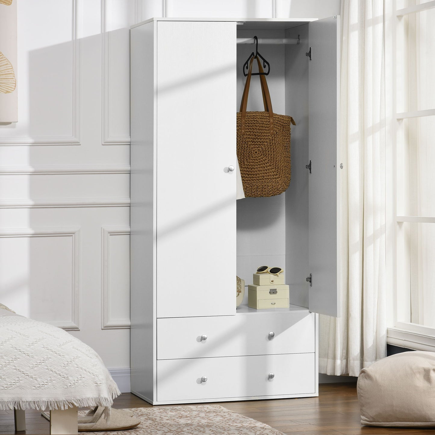 Armoire Wardrobe Closet with 2 Drawers, 71" Tall Wardrobe Cabinet with Hanging Rod, 2 Door Bedroom Armoires, Modern Clothing Storage Cabinet for Bedroom, White