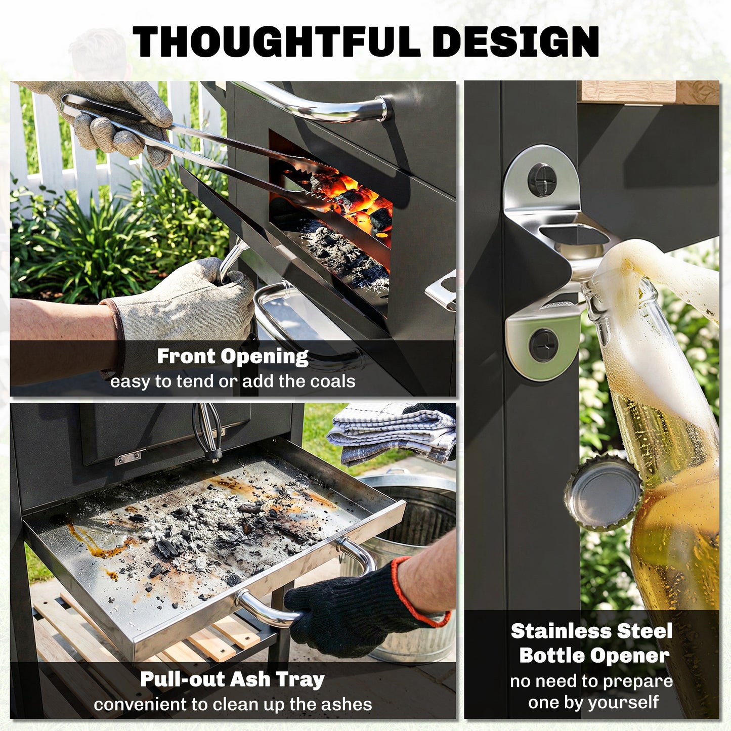 20" Charcoal BBQ Grill Barbecue on Wheels with Adjustable Charcoal Pan, Spacious Cooking Area, 3 Shelves, Thermometer