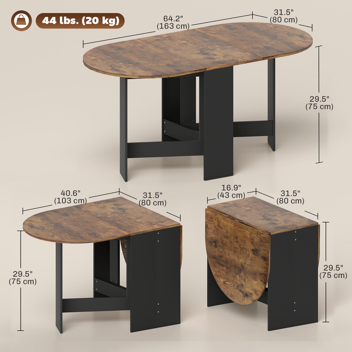 Oval Folding Dining Table, Space Saving Drop Leaf Kitchen Table for Dining Room, Living Room, Rustic Brown