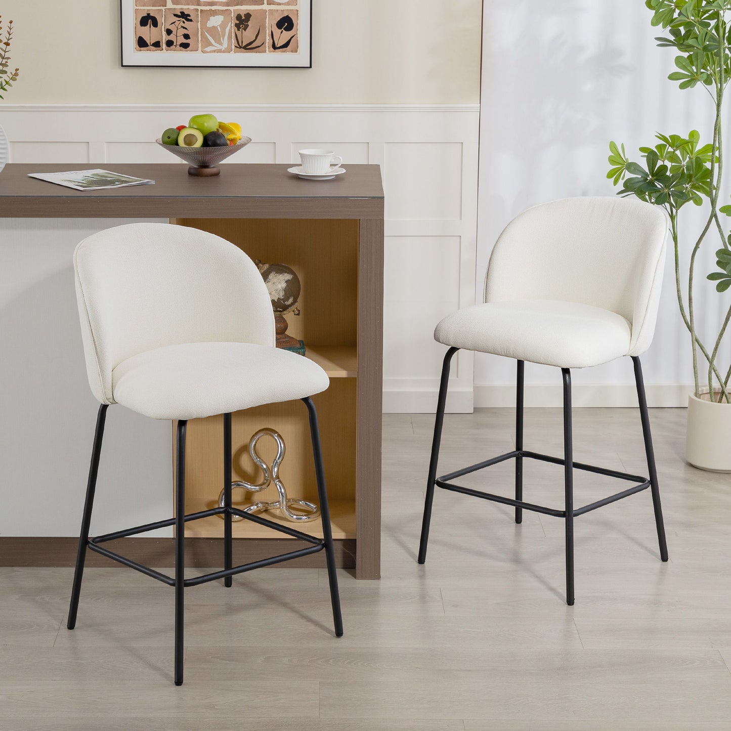 Set of 2 Counter Height Barstools, Upholstered Linen Bar Stools with Backrest, Footrest and Steel Legs, Cream White