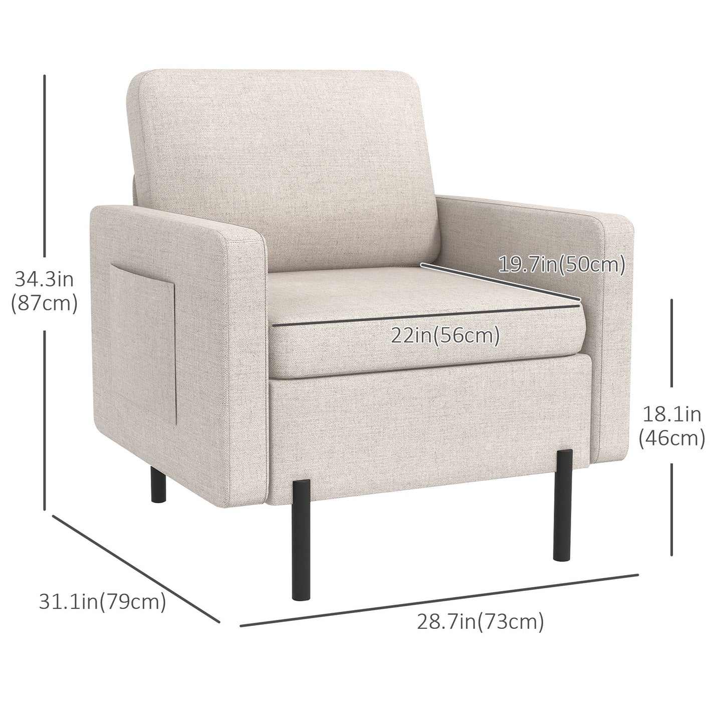 Armchair, Fabric Accent Chair, Modern Living Room Chair with Metal Legs, 2 Side Pockets for Bedroom, Cream