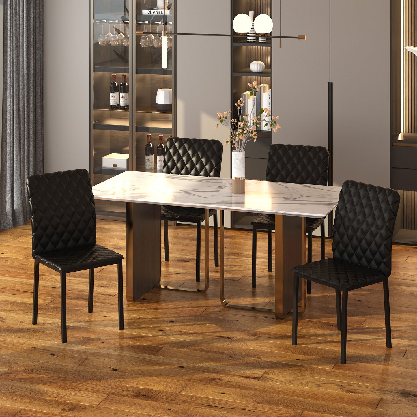 Modern Dining Chairs Set of 4, Upholstered Faux Leather Kitchen Chairs with Rhombic Tufting and Metal Legs for Living Room, Black