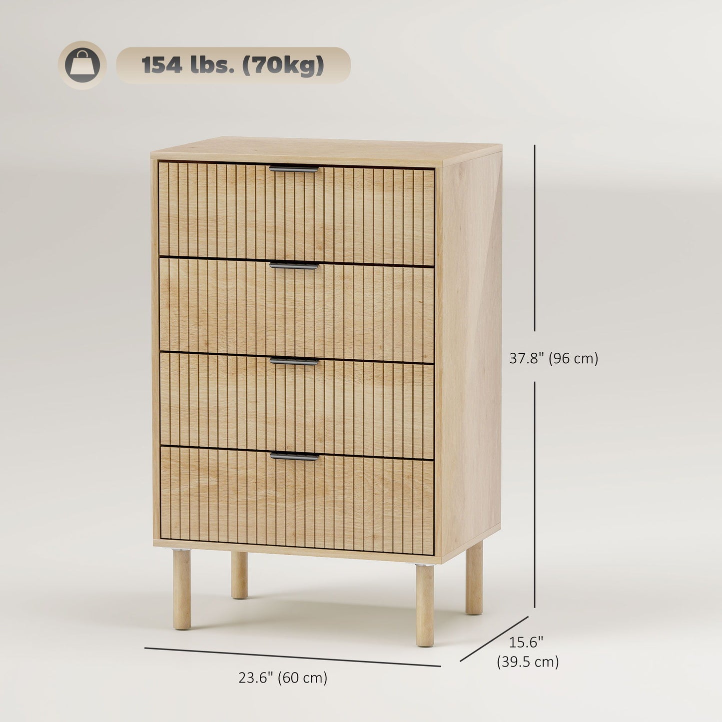 Bedroom Chest of Drawers, 4 Drawer Dresser with Fluted Panels and Solid Wood Legs, Anti-slip Foot Pads, Storage Cabinet for Living Room, Oak