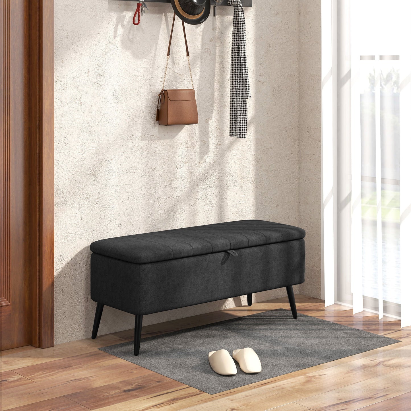 40" Ottoman with Storage, Linen Upholstered Storage Ottoman Bench with Steel Legs for Living Room, Bedroom Black